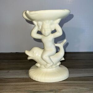 1973 Vintage Holland Mold Ceramic Signed Cherub on Dolphin Soap Dish Holder